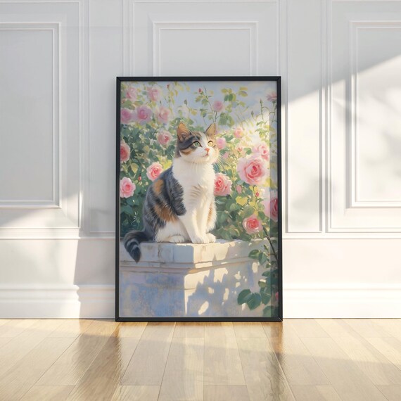 Tabby Cat Among Pink Roses Garden Watercolor Style Art Poster