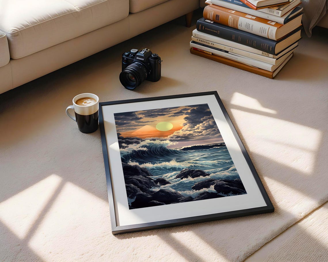 Ocean Wave Crashing Rocks Sunset Japanese Style Artwork Poster - Image 5