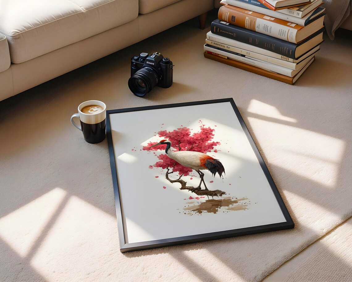 Red Crowned Crane Cherry Blossom Watercolor Japanese Painting Poster - Image 6