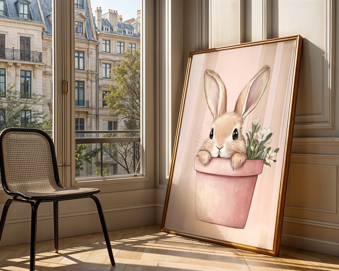 Cute Bunny Rabbit Pink Flower Pot Nursery Kids Room Art Print - Image 4