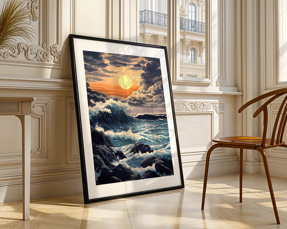 Ocean Wave Crashing Rocks Sunset Japanese Style Artwork Poster - Image 3