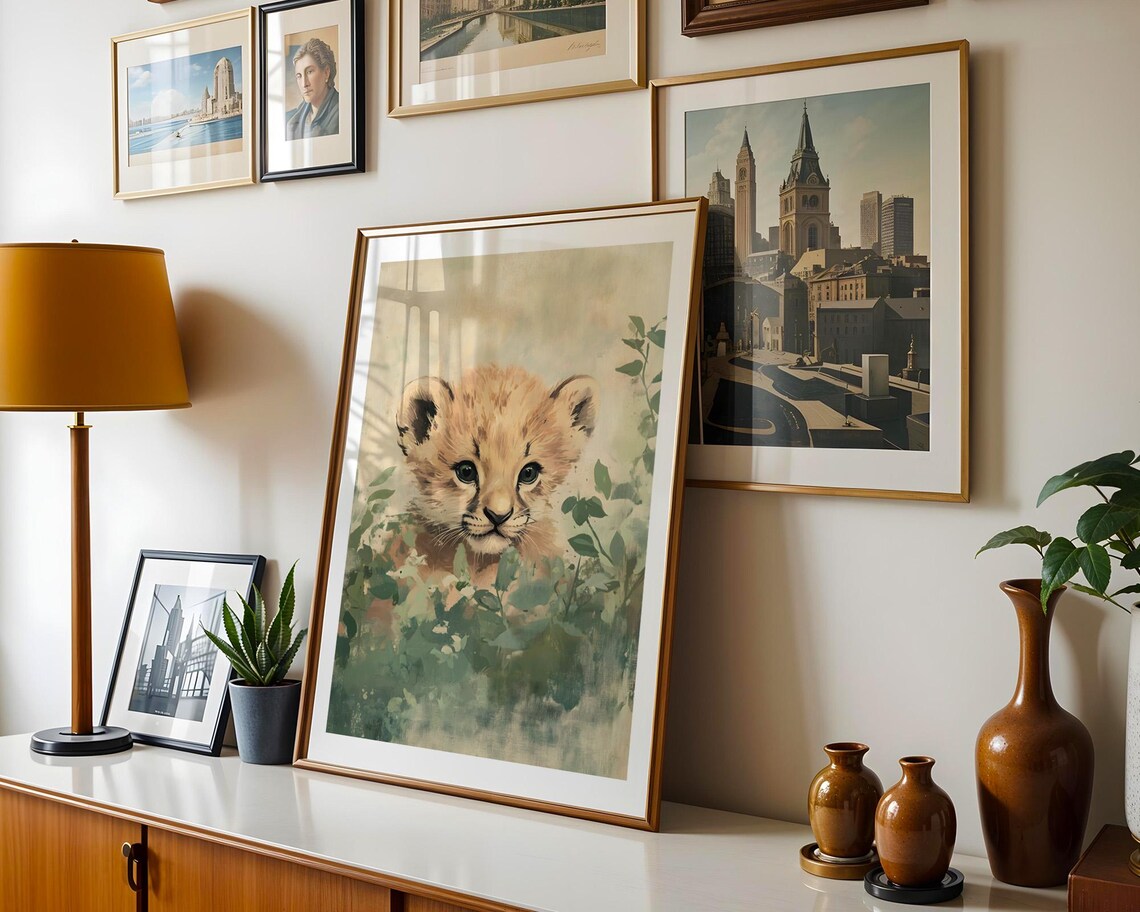 Baby Lion Cub Peeking Through Green Foliage Watercolor Art Poster - Image 3
