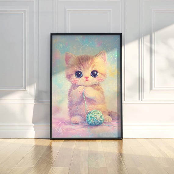 Cute Cat Kitten Yarn Playful Nursery Painting Poster Wall Art Print Modern Home Kids Playroom Decor Artwork Gift