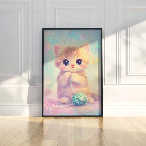 Cute Fluffy Kitten Playing Yarn Ball Pastel Nursery Art Poster