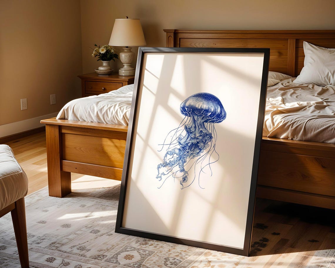 Graceful Jellyfish Blue Ink Sketch Ocean Sea Life Art Poster - Image 5
