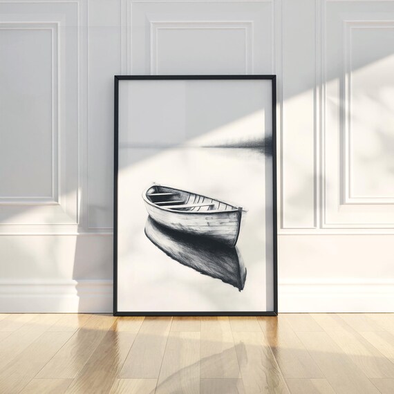 Empty Wooden Rowboat on Still Water Minimal Charcoal Sketch Poster