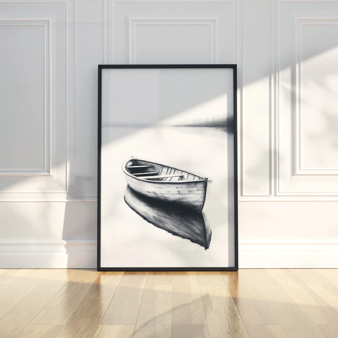 Empty Wooden Rowboat on Still Water Minimal Charcoal Sketch Poster