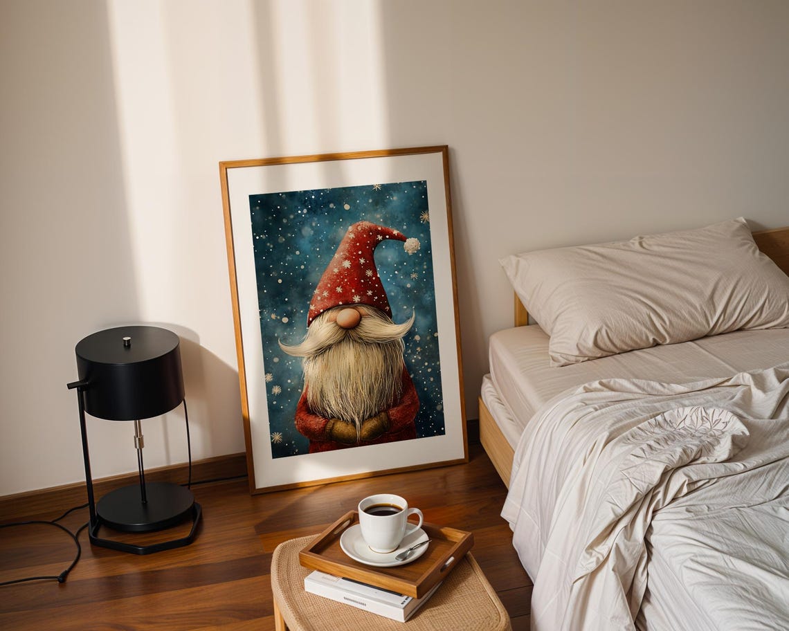 Festive Christmas Gnome In Red Hat Amid Falling Snowflakes Poster - Image 2