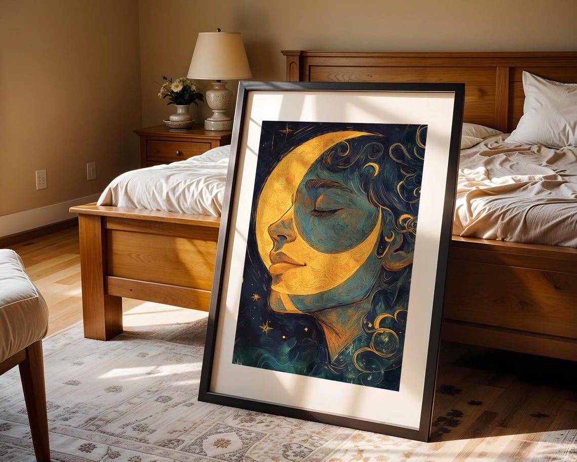 Crescent Moon Woman Face Gold Teal Celestial Dream Art Poster - Image 4