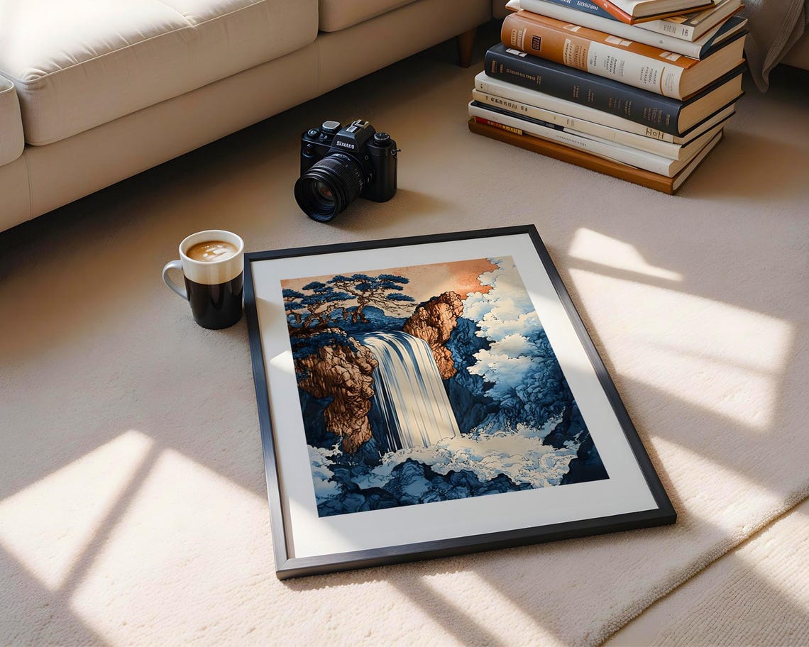 Vintage Japanese Woodblock Waterfall Art Poster with Blue Pine Trees - Image 5