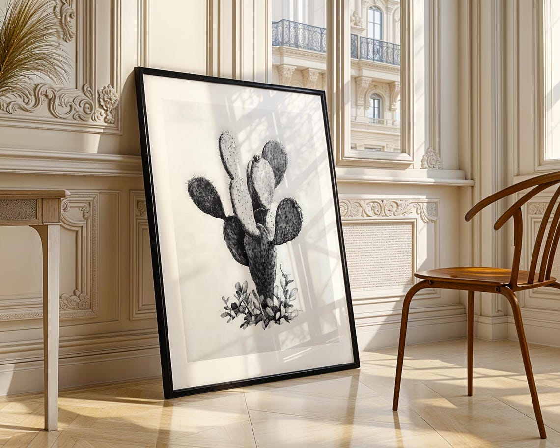 Charming Prickly Pear Cactus Black And White Pencil Sketch Poster - Image 4