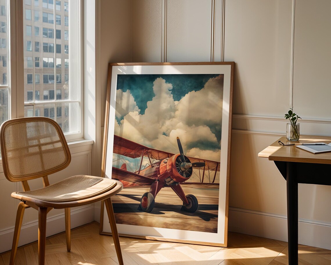 Vintage Red Biplane On Airfield Retro Aviation Painting Poster - Image 3