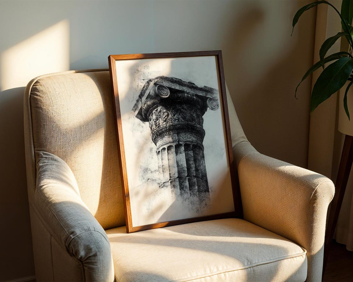 Ancient Stone Column Capital Black Ink Architectural Sketch Art Poster - Image 2