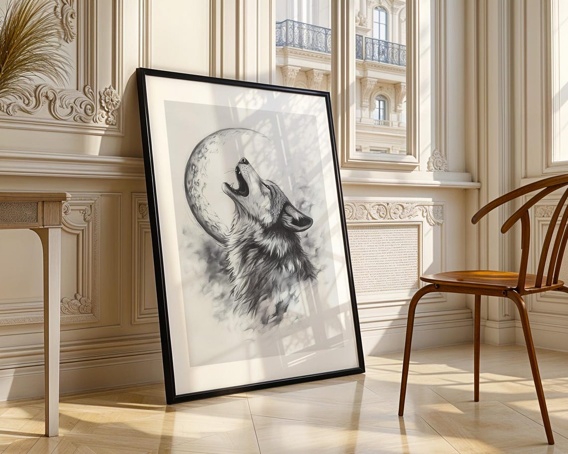Howling Wolf With Crescent Moon Monochrome Wildlife Sketch Poster - Image 4