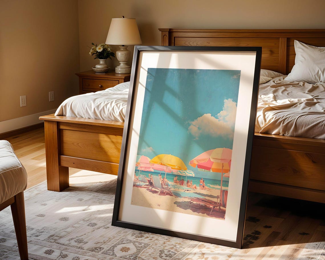 Pastel Beach Umbrellas And Sunbathers Aerial Summer Coast Poster - Image 4
