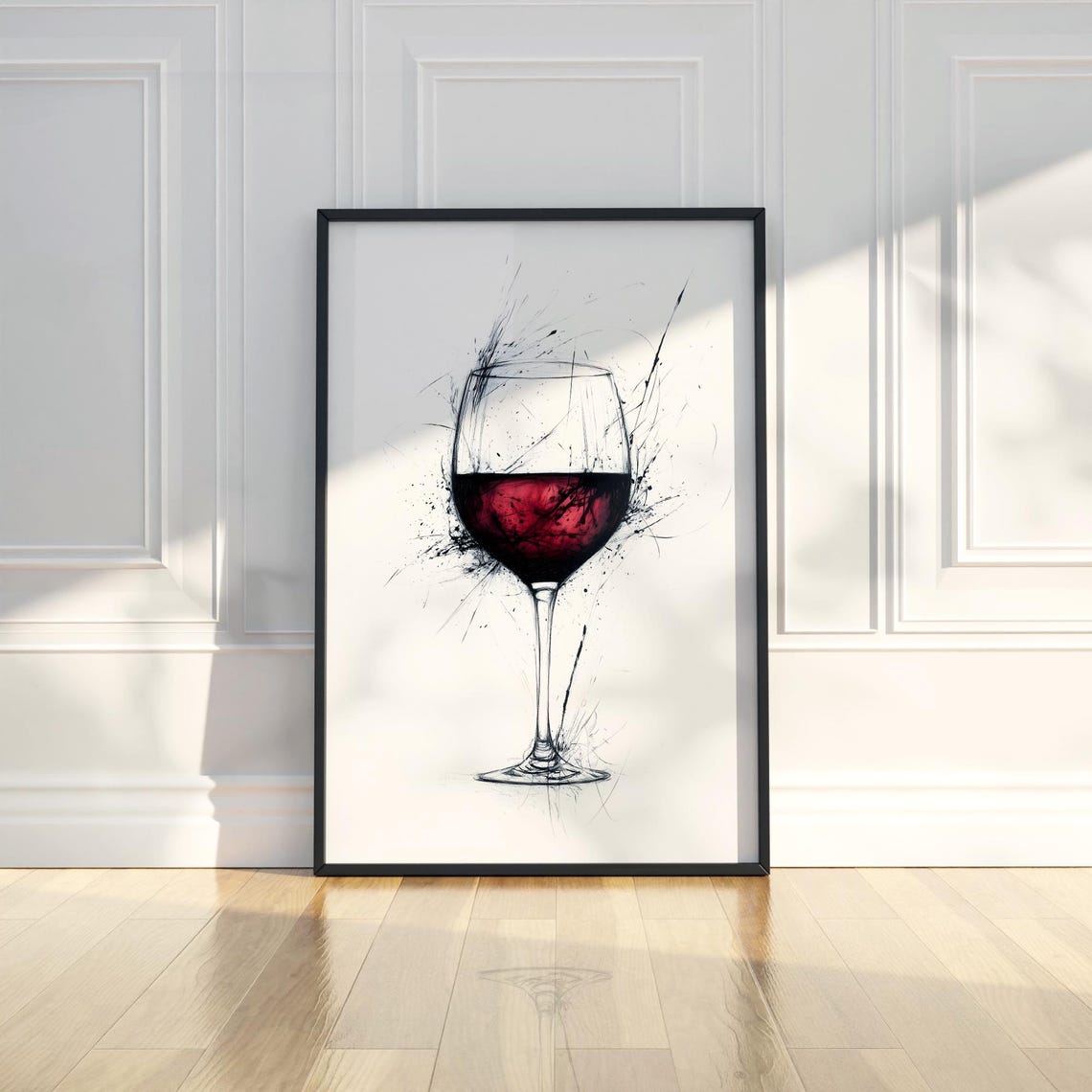 Red Wine Glass Ink Splatter Sketch Elegant Kitchen Bar Wall Art