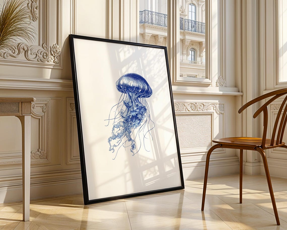 Graceful Jellyfish Blue Ink Sketch Ocean Sea Life Art Poster - Image 4