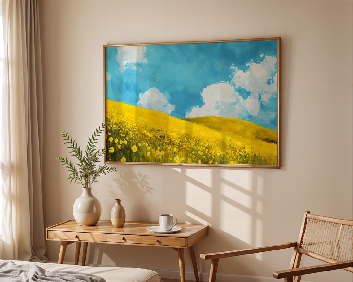 Yellow Wildflower Hills Turquoise Sky Bright Summer Art Poster - Image 5