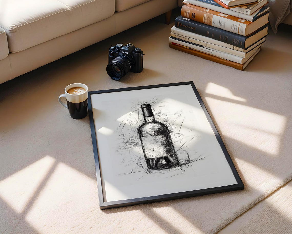 Wine Bottle Charcoal Sketch Black and White Kitchen Art Poster - Image 6