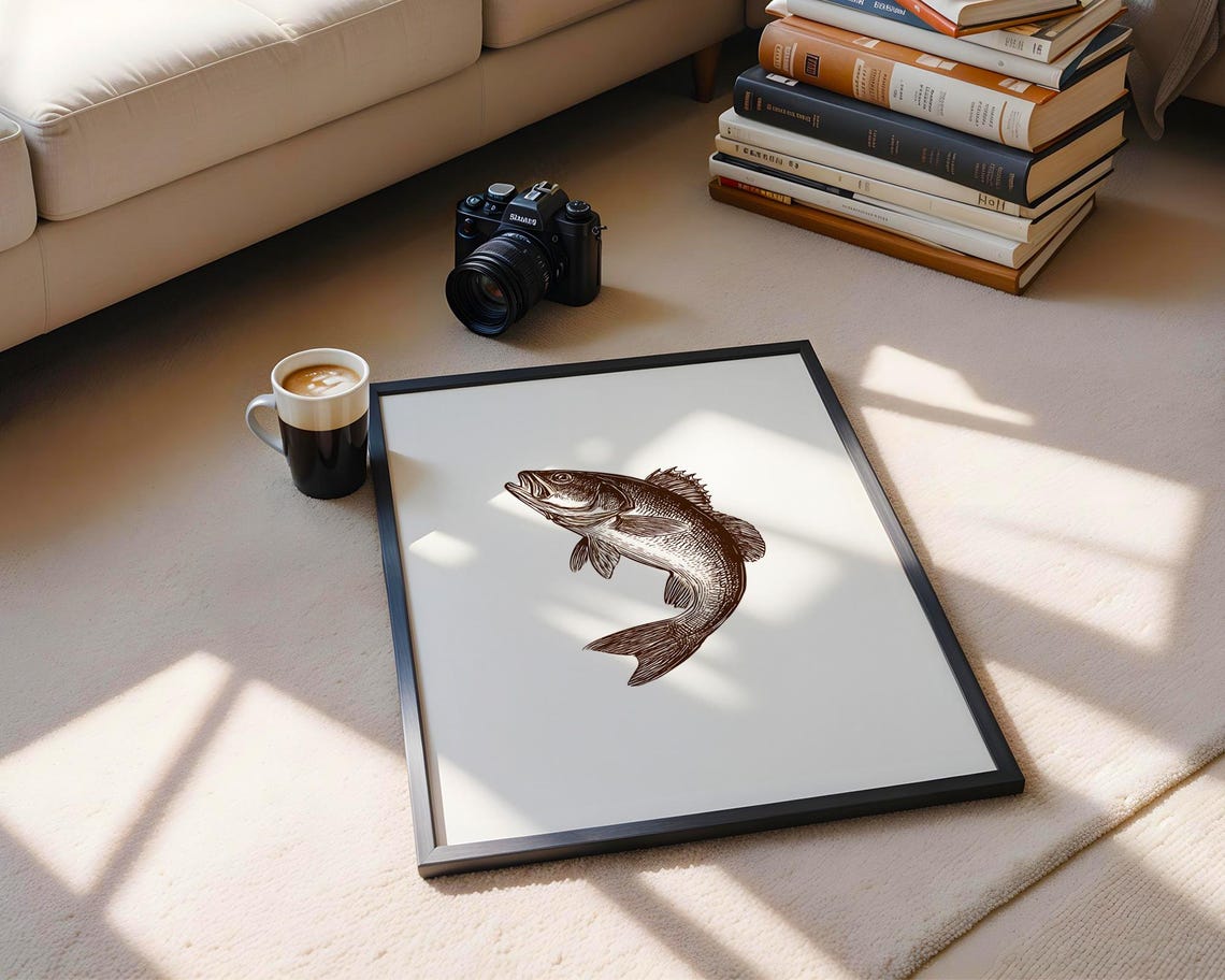Jumping Bass Fish Brown Ink Sketch Fishing Art Drawing Poster - Image 6