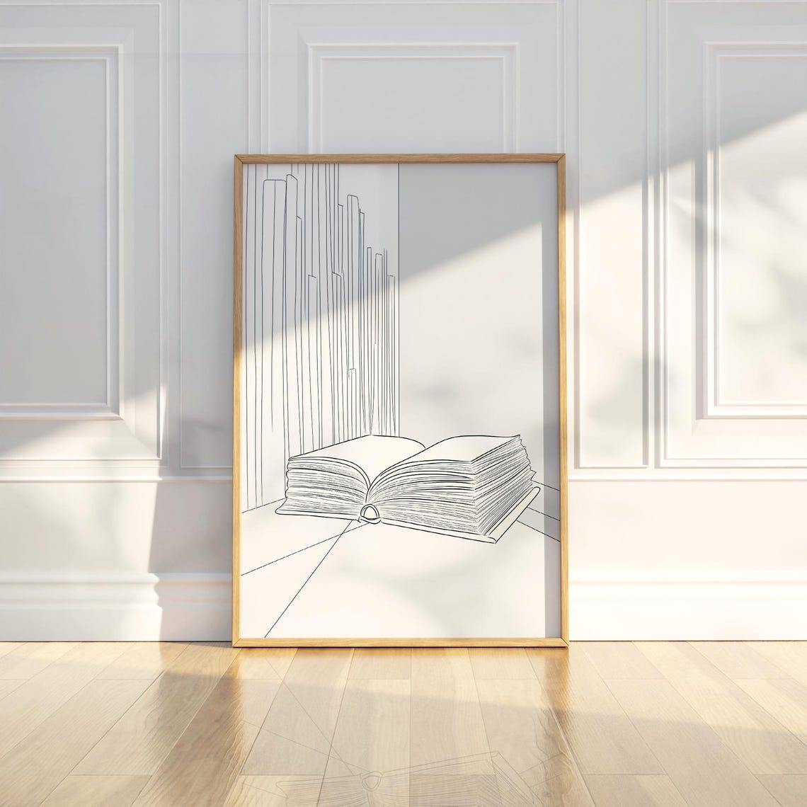 Minimalist Open Book Line Art Black White Library Decor Poster