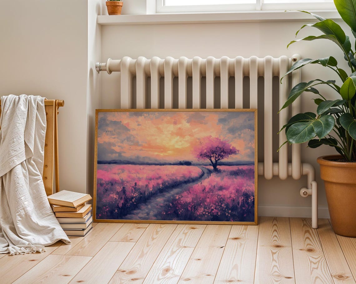 Pink Blossom Tree Winding Path Sunset Meadow Pastel Landscape Poster - Image 5