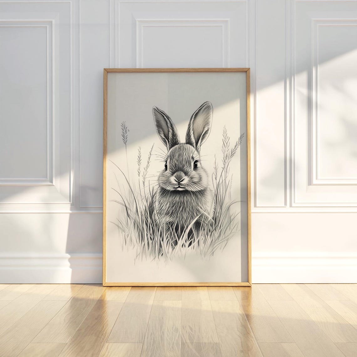 Detailed Pencil Sketch Rabbit in Meadow Grass Poster for Nursery Walls