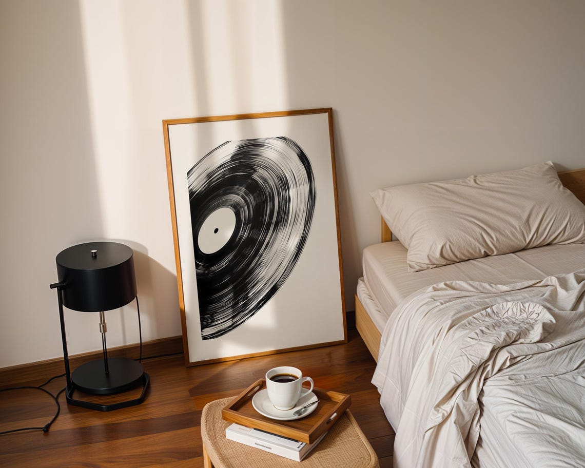 Spinning Vinyl Record Close Up Black White Abstract Music Poster - Image 3