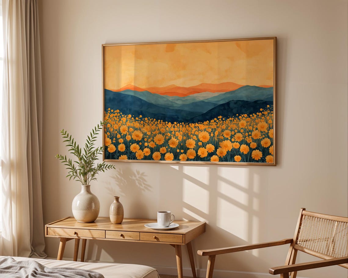 Orange Marigold Flower Field Blue Mountains Sunset Landscape Poster - Image 5