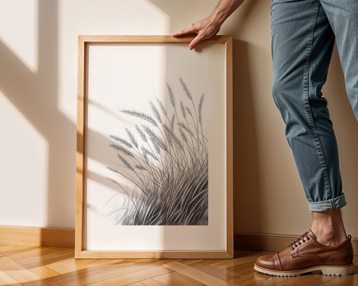 Wheat Field Stalks Pencil Sketch Rustic Botanical Farmhouse Poster - Image 2
