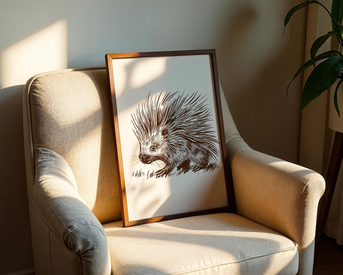 Sepia Porcupine Ink Sketch Vintage Wildlife Illustration Poster - Image 2