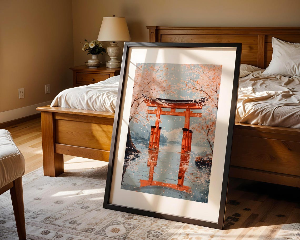 Japanese Torii Gate Cherry Blossoms Water Lake Landscape Print - Image 4