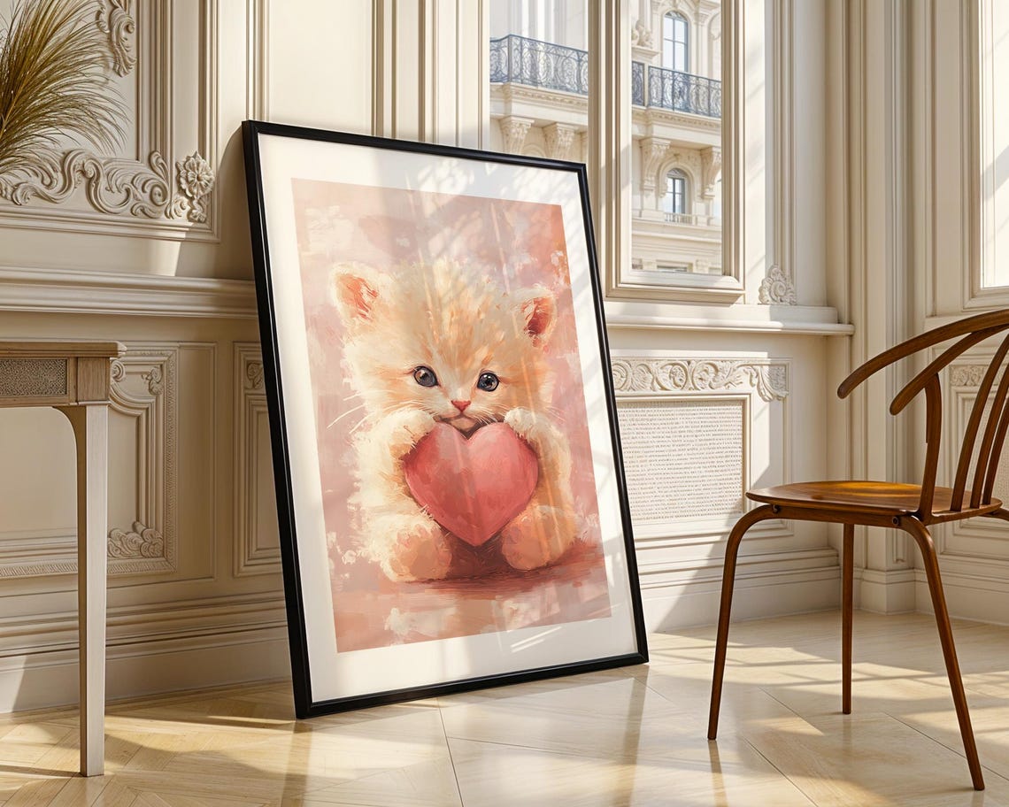 Cute Valentine Kitten Holding Heart Pastel Romantic Cat Poster - Image 2
