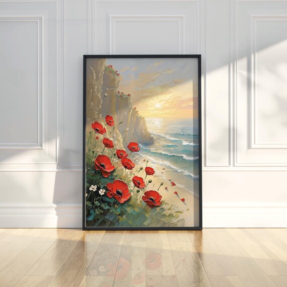 Red Poppies Coastal Cliffs Sunset Sea View Textured Oil Painting Poster