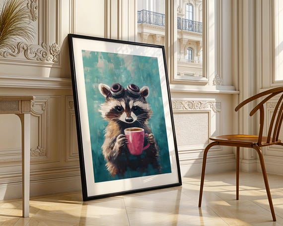 Whimsical Raccoon Coffee Mug Goggles Animal Art Illustration Trendy Wall Room Decor Prints Print