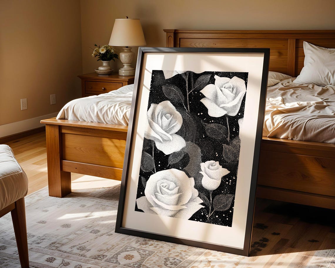 Dramatic White Roses On Black Stipple Art Floral Pointillism Poster - Image 5