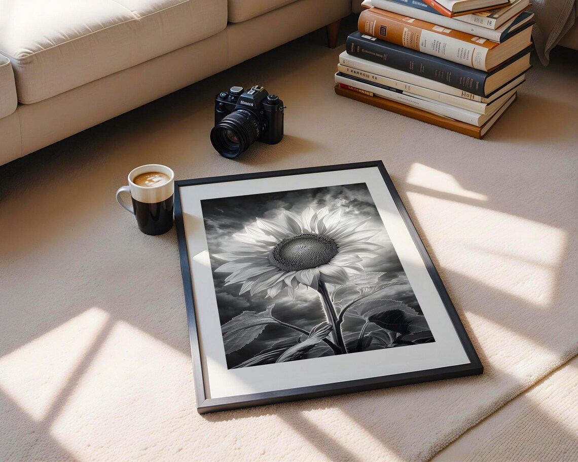 Sunflower Bloom Against Stormy Sky Black and White Photo Poster - Image 5