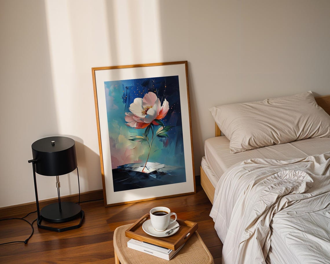 White Flower on Midnight Blue Abstract Gold Floral Style Poster - Image 2