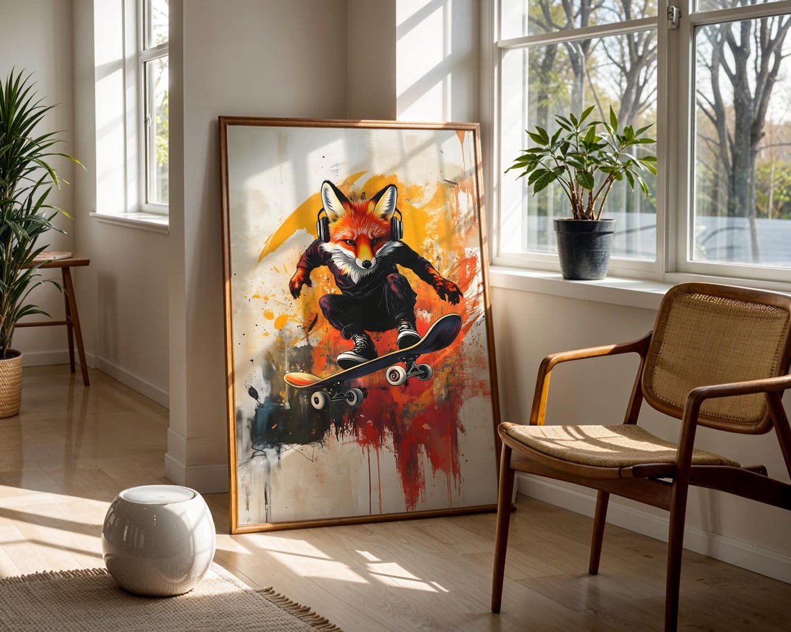 Skateboarding Fox Headphones Splash Paint Orange Action Skater Poster - Image 3