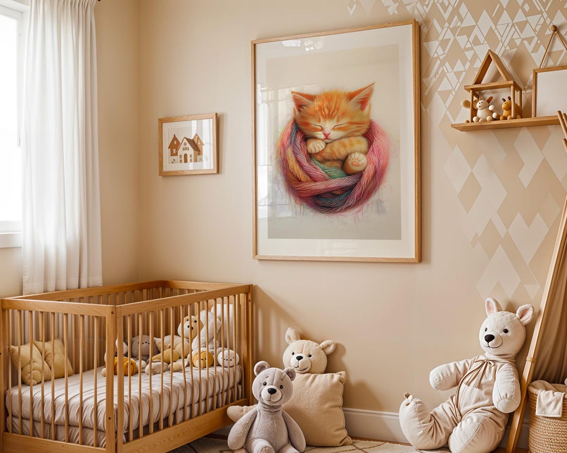 Cute Sleeping Orange Kitten Curled in Rainbow Yarn Ball Poster - Image 2