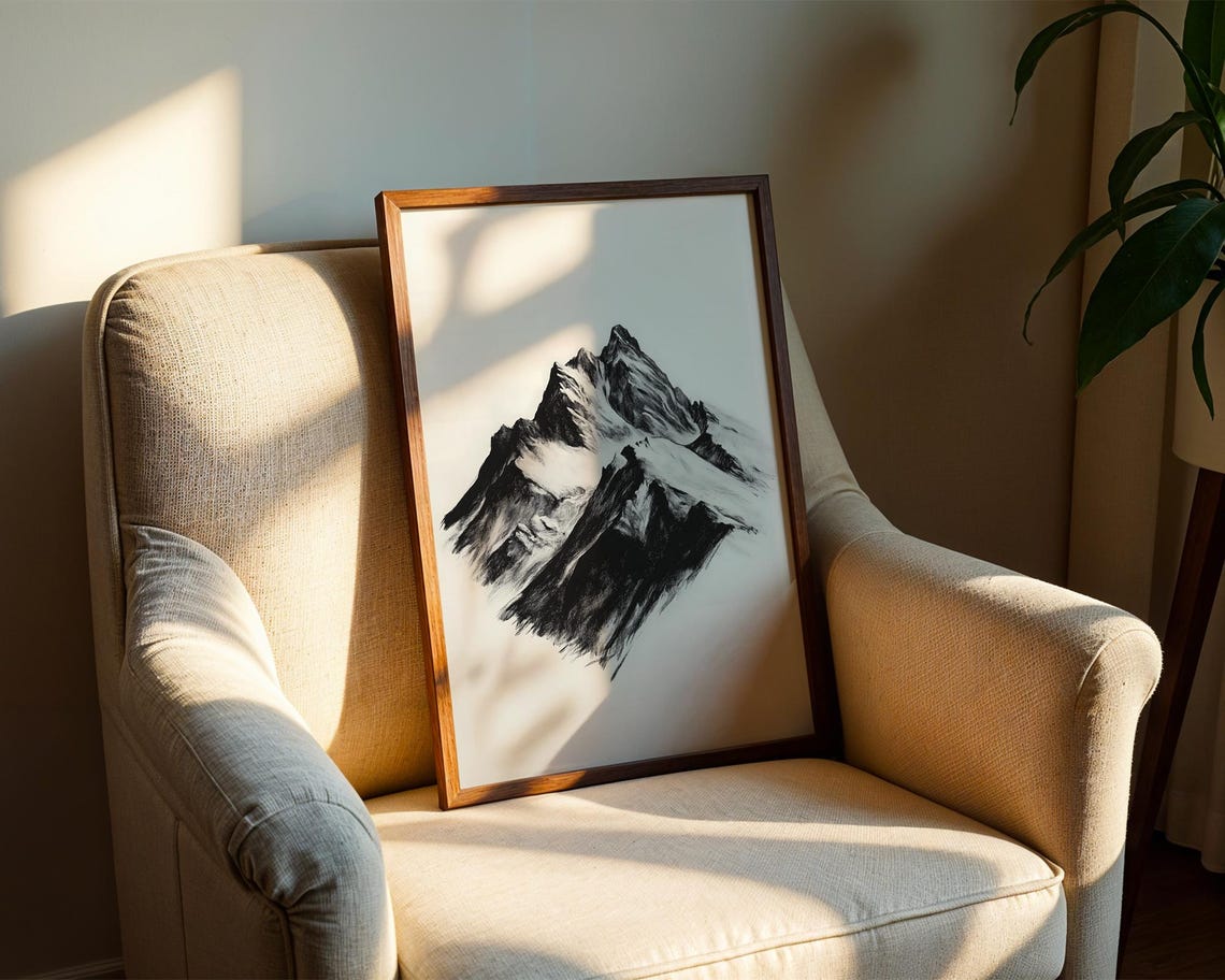 Snowy Mountain Peak Black Charcoal Sketch Minimalist Nature Poster - Image 2