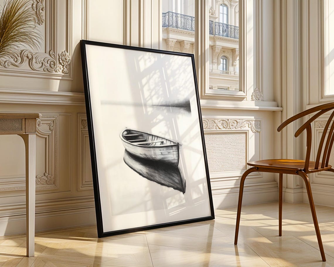 Empty Wooden Rowboat on Still Water Minimal Charcoal Sketch Poster - Image 3