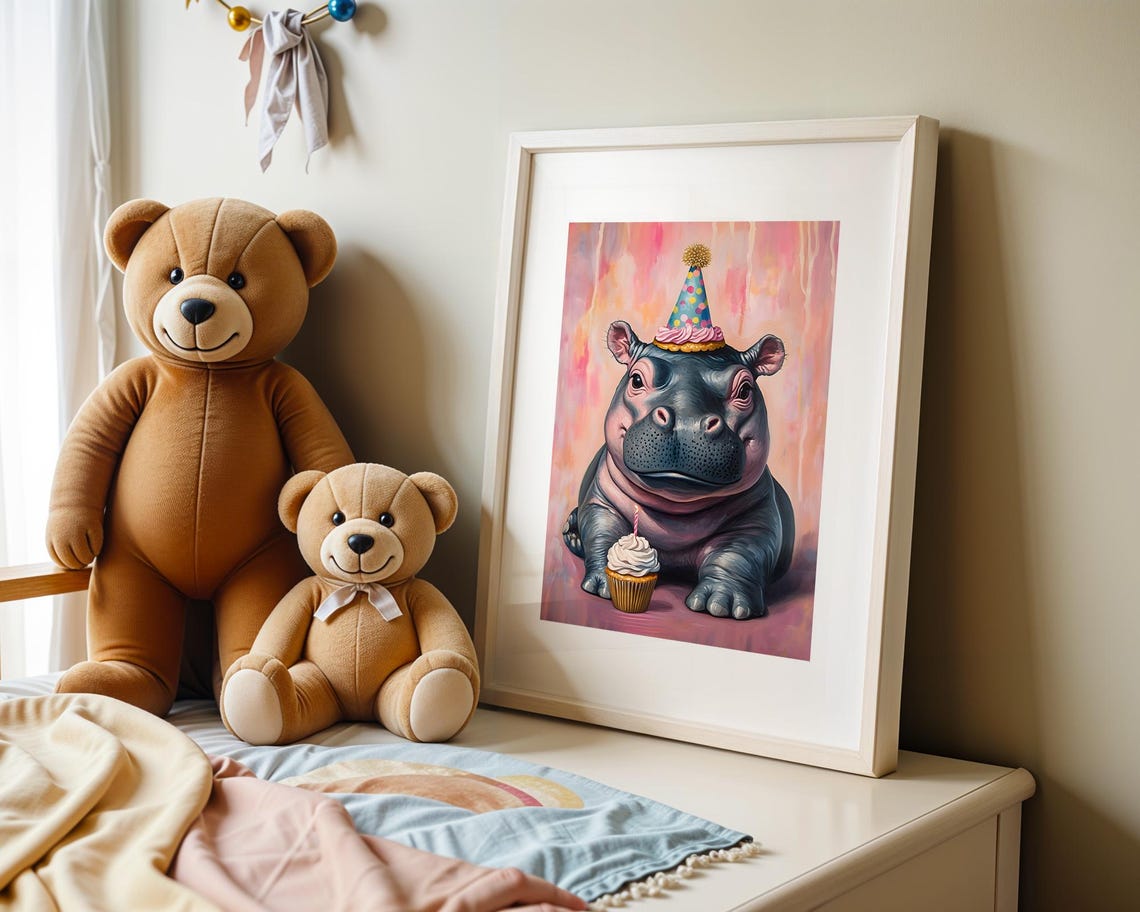 Cute Baby Hippo Party Hat Cupcake Pink Nursery Animal Poster - Image 4