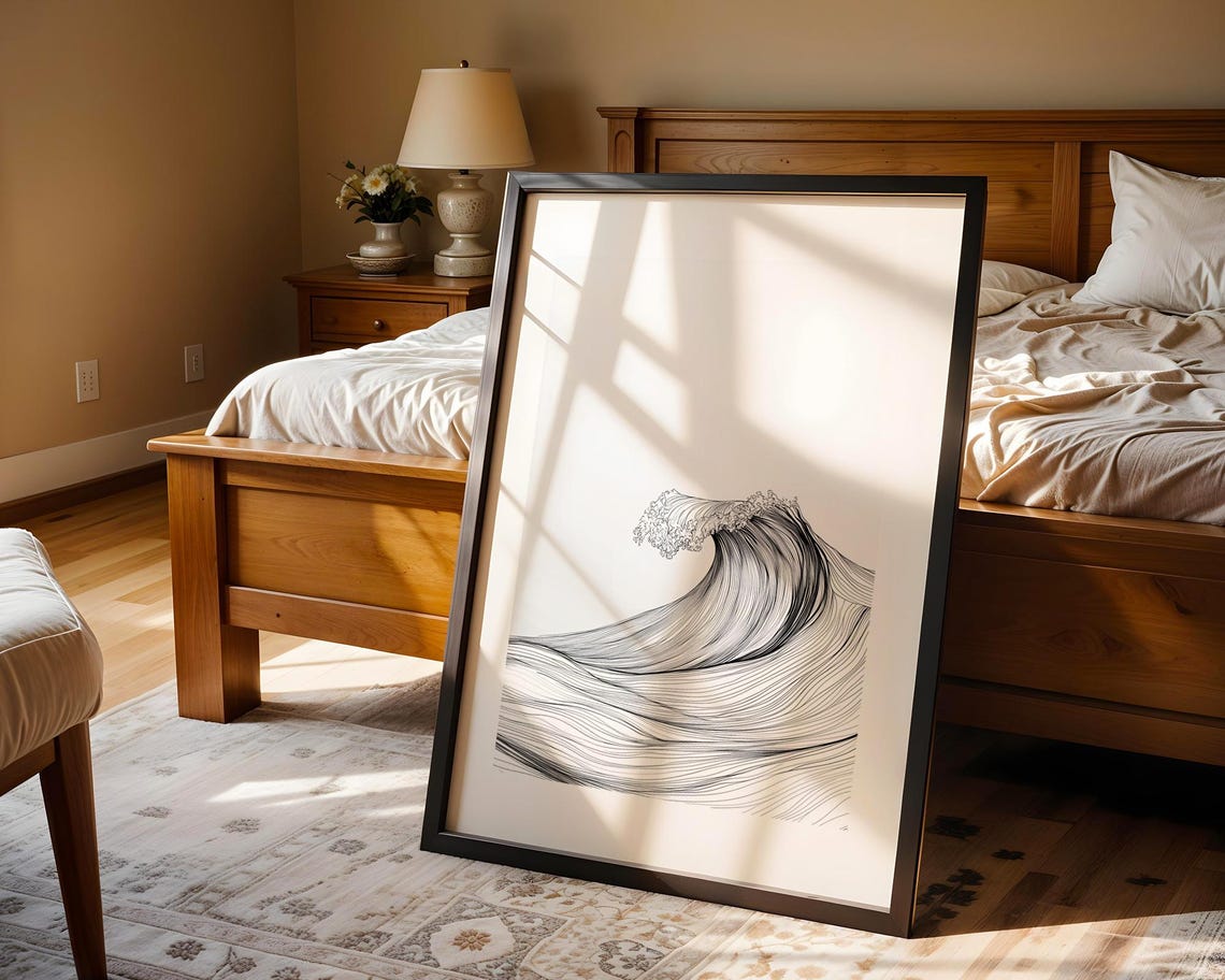 Minimalist Ocean Wave Line Art Black White Japanese Style Poster - Image 4