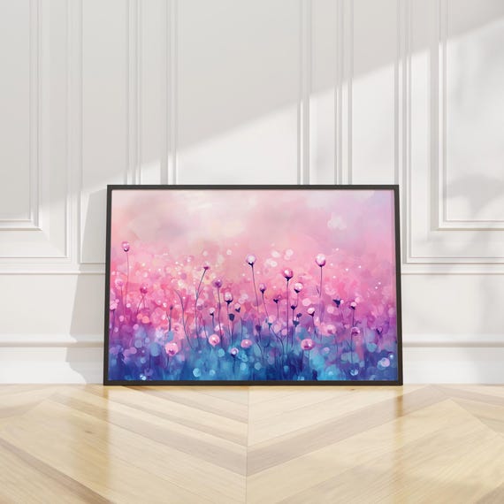 Dreamy Floral Field Wall Art Print Painting Purple Pink Flower Bokeh Nature Abstract Modern Home Decor Living Room Bedroom Nursery