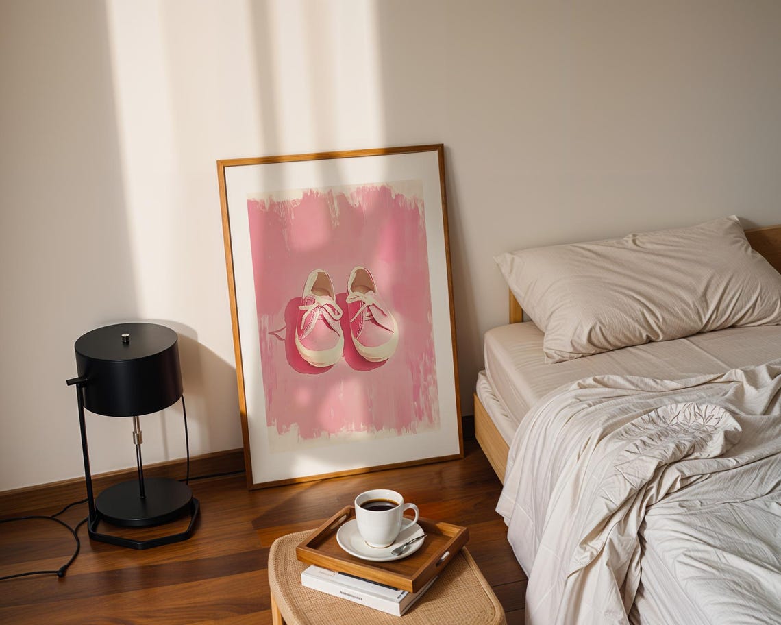 Pink Baby Sneakers Watercolor Style On Blush Pink Background Poster - Image 2