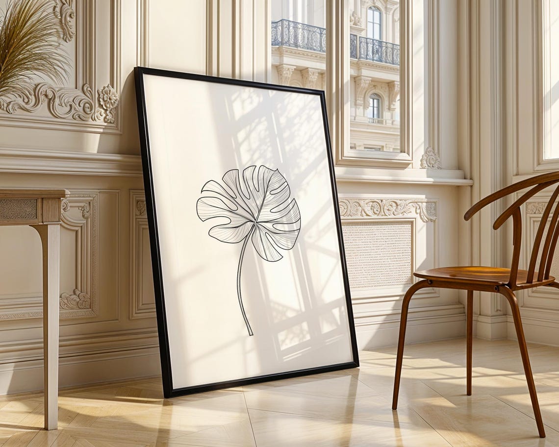 Monstera Leaf Line Drawing Minimalist Botanical Artwork Poster - Image 3