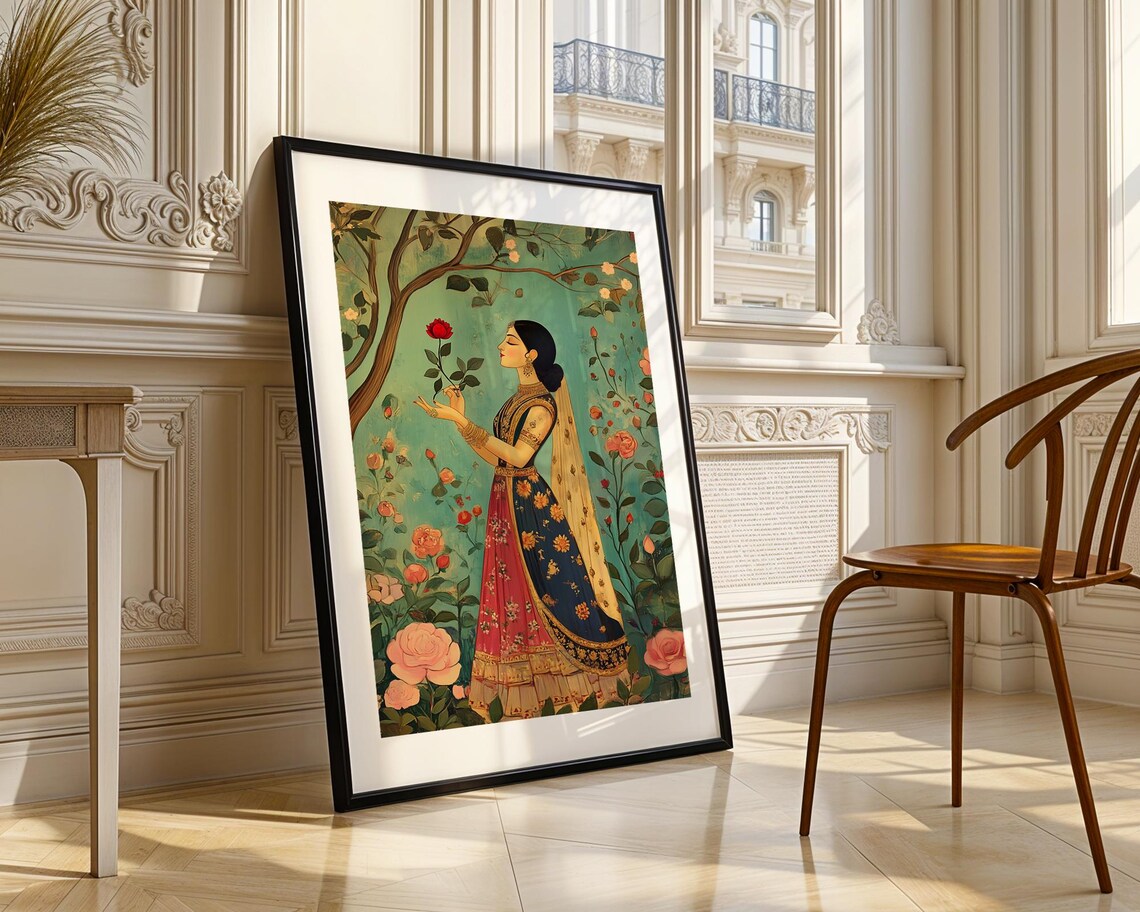 Traditional Indian Woman Red Rose Garden Mughal Style Art Poster - Image 3