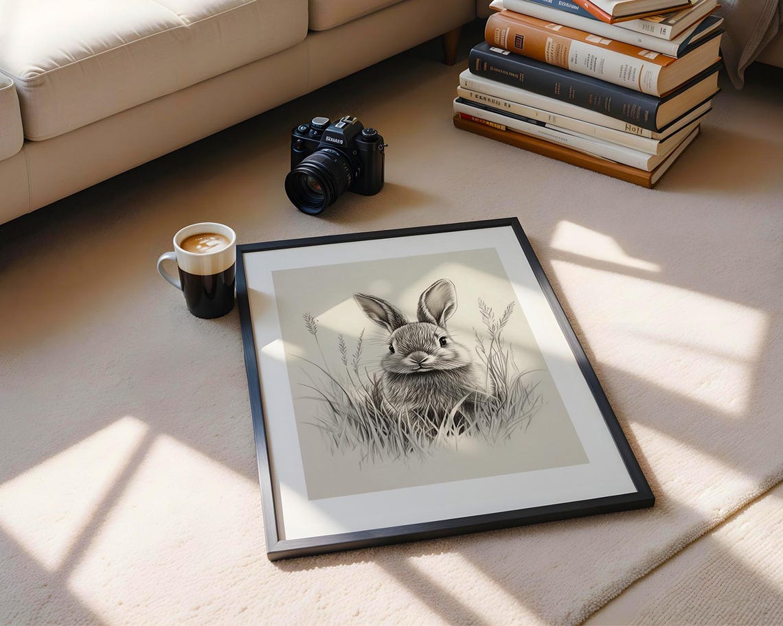 Detailed Pencil Sketch Rabbit in Meadow Grass Poster for Nursery Walls - Image 5