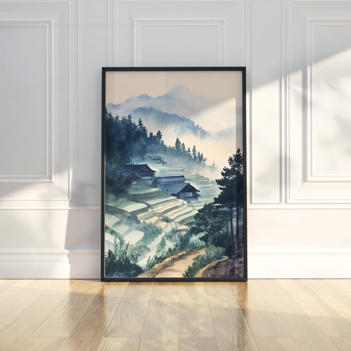 Serene Misty Rice Terraces Farmhouses Watercolor Asian Poster